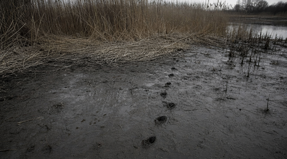 Dog-like tracks entering a marsh reed bed
