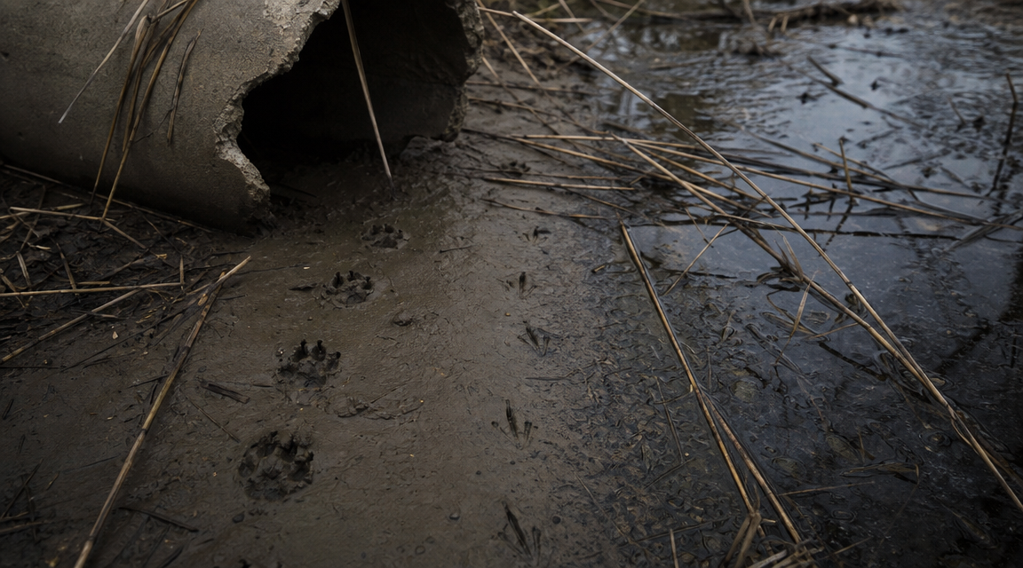 Three-clawed prints near broken drainage pipe