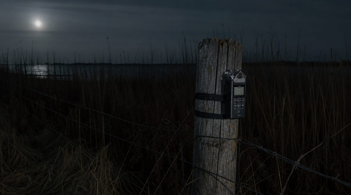 Night recorder facing dark marsh reeds