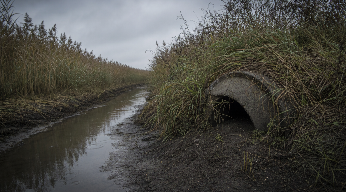 Broken drainage pipe at marsh channel
