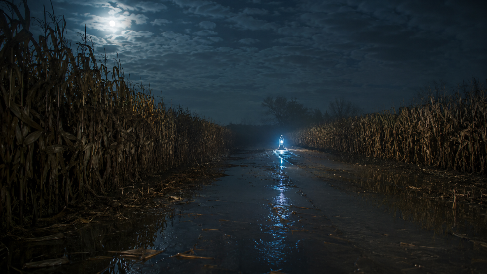 Moonlit cornfield irrigation lane with standing water reflecting a faint blue glow