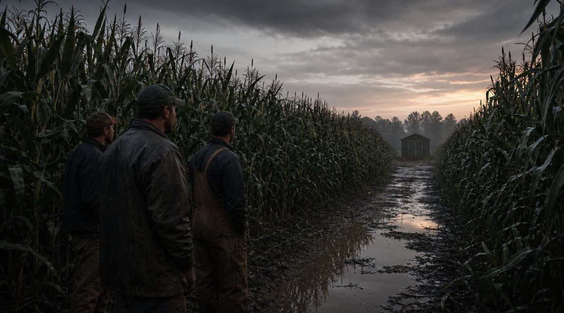 Farmers inspect a narrow path through corn rows leading toward a locked pump house