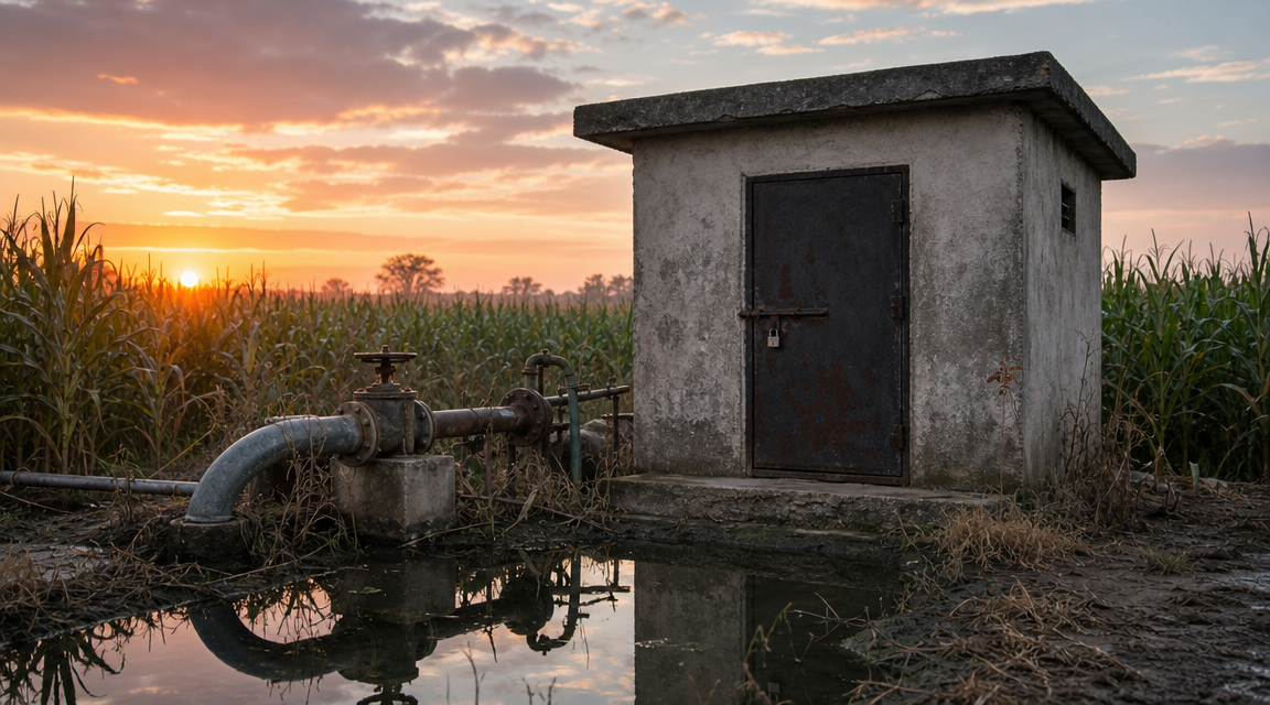 Locked pump house beside irrigation pipes at the edge of a wet cornfield