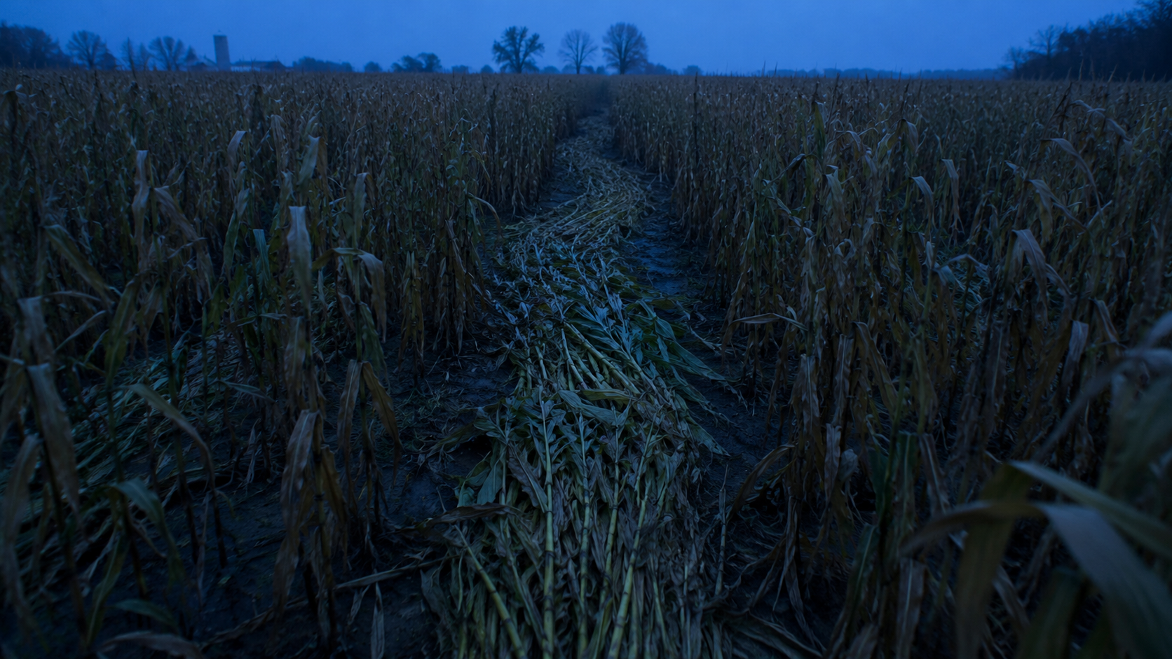 Bent corn stalks form a narrow trail through damp rows in predawn light