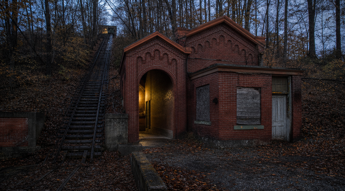 Abandoned brick funicular station on a wooded hillside with rusted tracks leading into the trees.