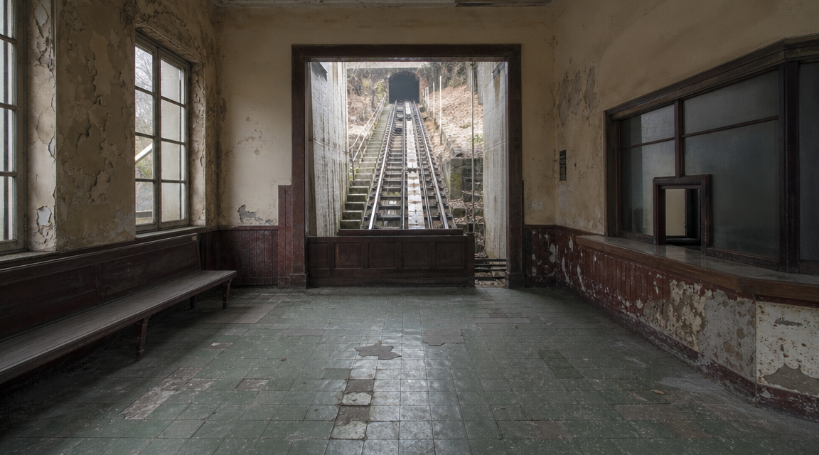 Empty derelict waiting room inside an old funicular station with benches and a closed ticket hatch.