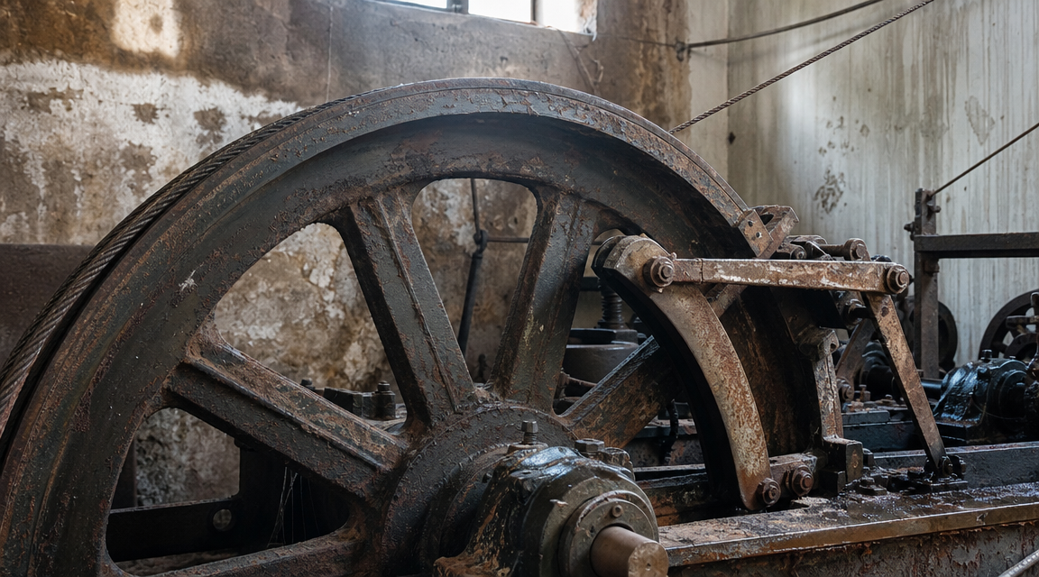 Rusted cable wheel and brake machinery in the damp engine room of an abandoned funicular station. FACEBOOK ANGLE: A closed hillside station where the sounds never stopped: footsteps, ticket bells, and the heavy draw of a car that no one can see. FACEBOOK VISUAL MOMENT: The best visual is the lower platform at blue hour, with the funicular rails vanishing into wet trees and the station windows dark behind the viewer. FACEBOOK SHORT SUMMARY: Millbrook Funicular Station has been out of service for decades, but witnesses still describe the same unnerving details: a bell at the ticket hatch, shoes crossing the platform, and the groan of a cable hauling an invisible car uphill.