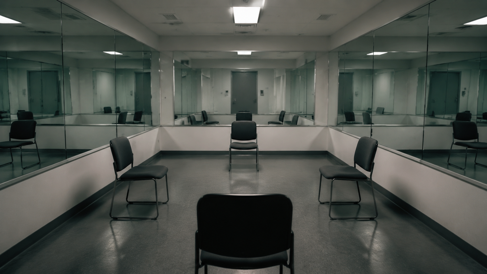 Empty mirrored experiment room with chairs arranged for a perception study.