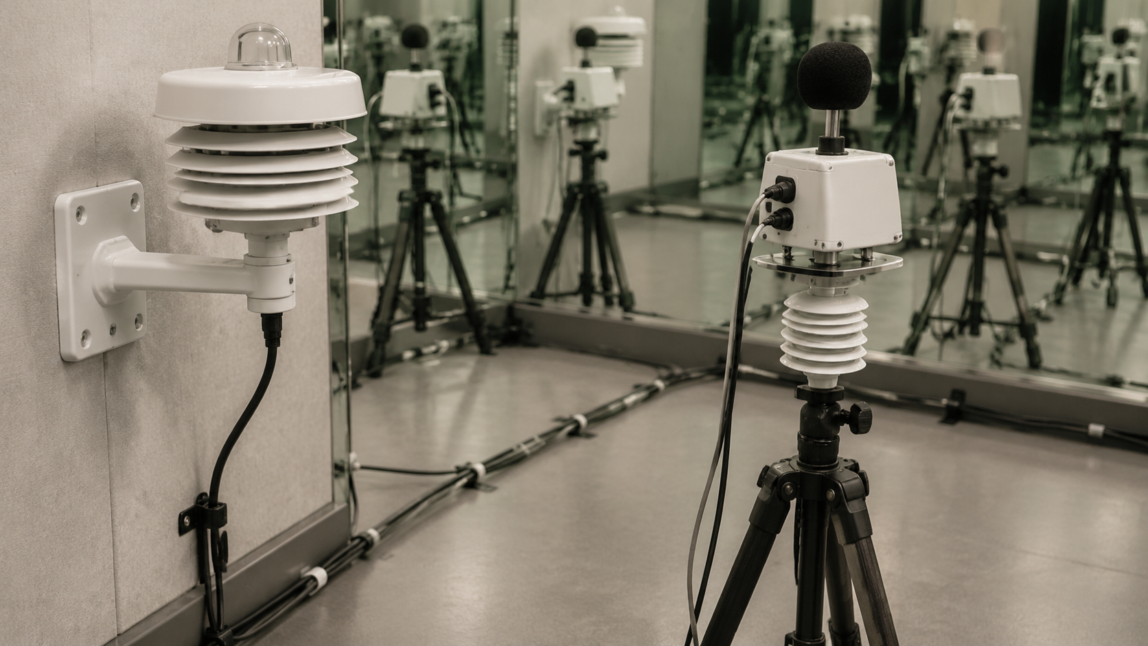 Sensor array positioned inside a mirrored university experiment room.