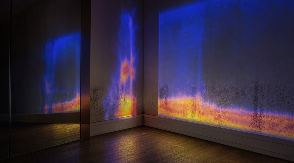 Mirrored room corner showing subtle condensation during temperature monitoring.
