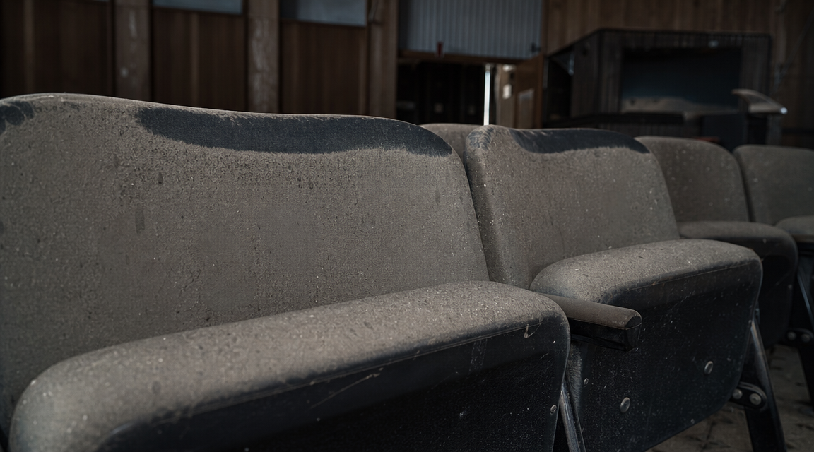 Several clean chair backs stand out among dusty seats inside an abandoned planetarium.