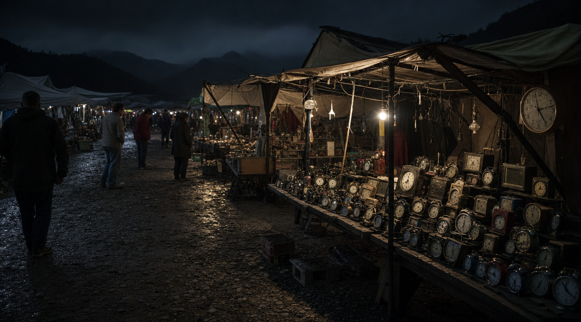 Rural night market clock stall after dark
