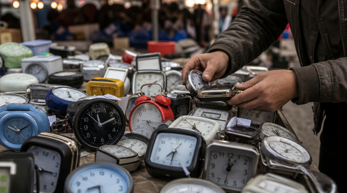 Battery clocks displayed on a market stall