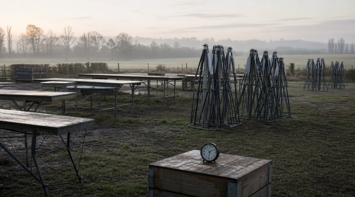 Empty market field with one clock at dawn FACEBOOK ANGLE: A night market vendor realized every battery clock on one table had stopped at exactly 2:17, even though the rest of town never lost time. FACEBOOK VISUAL MOMENT: A dim stall table crowded with cheap clocks, each face frozen at 2:17 beside loose batteries. FACEBOOK SHORT SUMMARY: The article follows a rural night market incident where only one stall’s battery-powered clocks reportedly froze at 2:17. Phones, card readers, vehicle dashboards, and nearby town clocks kept working, leaving a small but stubborn mystery about whether the cause was battery failure, handling, humidity, coincidence, or something not easily documented.