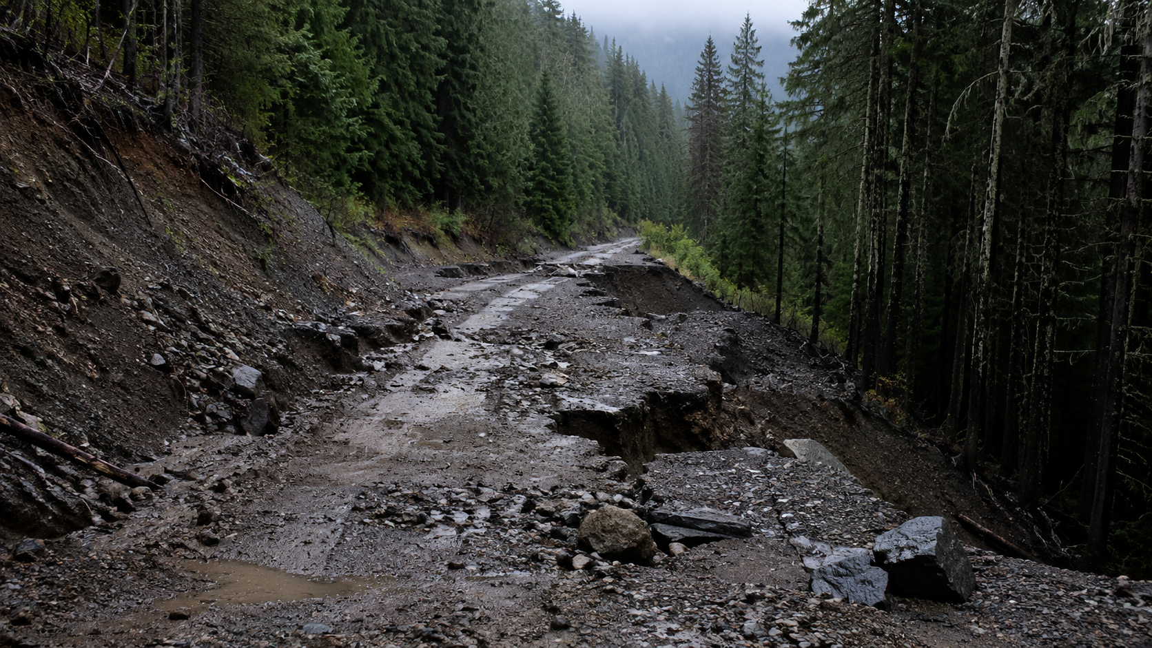 Washed-out fire road after heavy rain