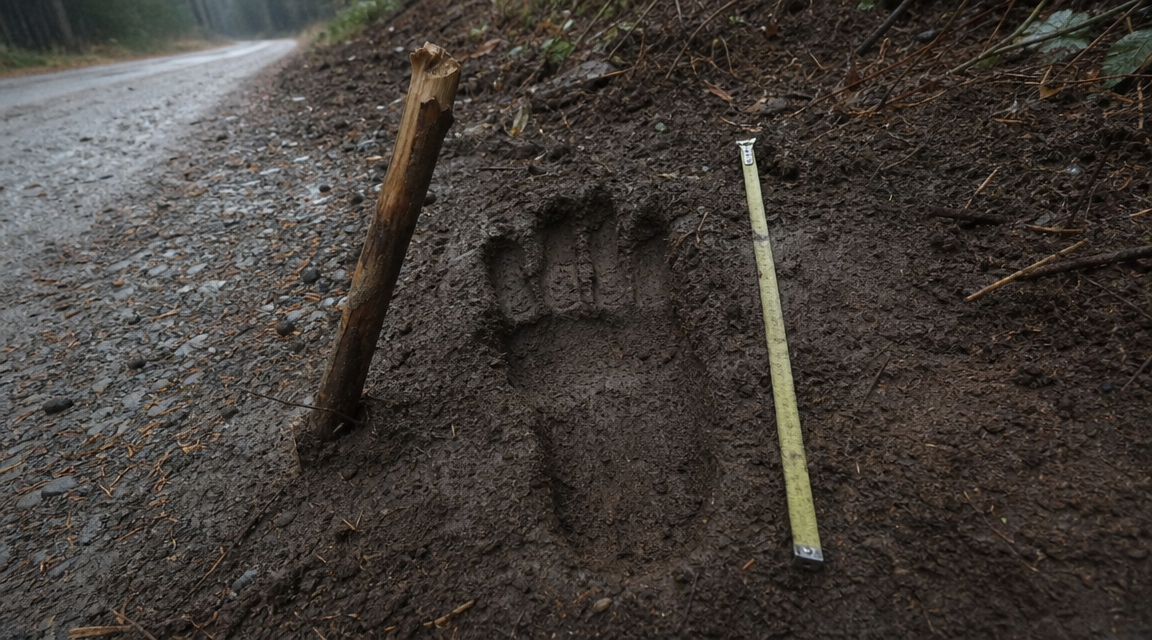 Large muddy footprint near bent survey stake