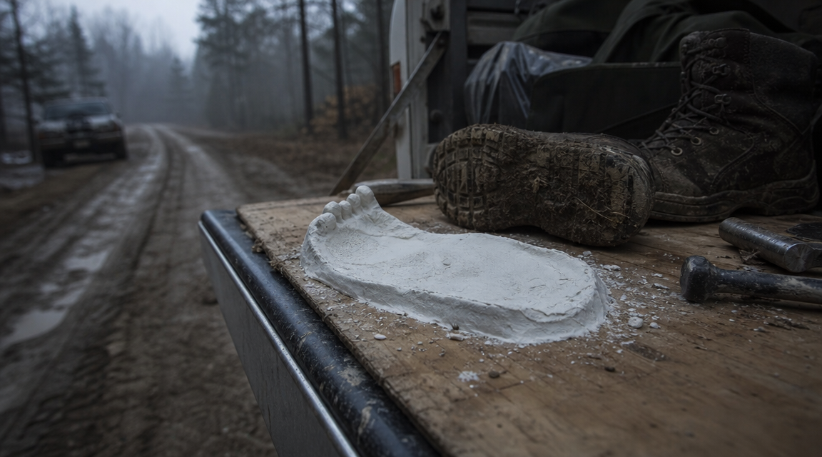 Plaster footprint cast drying on tailgate