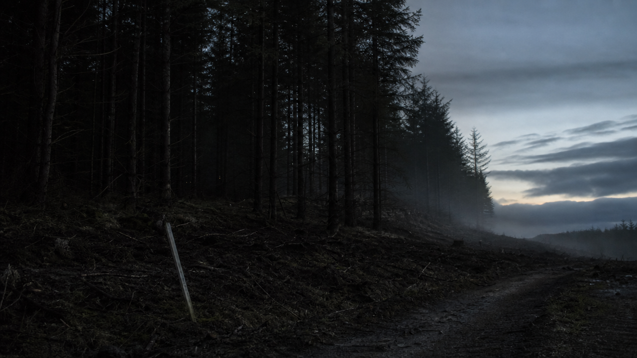 Dark forest edge beside remote fire road