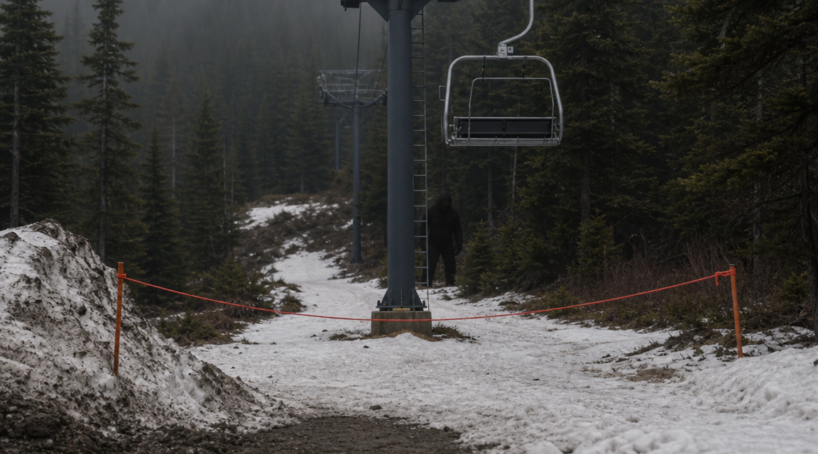 A closed ski lift access road with a red rope barrier and a dark broad figure partly concealed behind a chairlift tower.