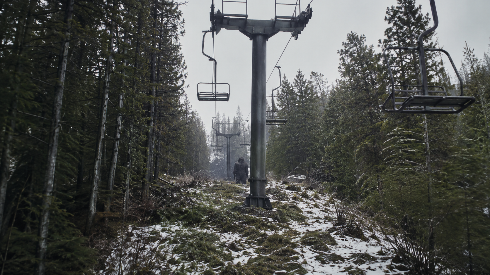 Maintenance footage view of a deserted chairlift line with a dark figure standing behind a steel tower.