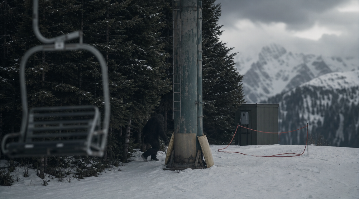 A dark humanoid silhouette near an old chairlift tower with a red safety rope visible farther up the closed ski area.