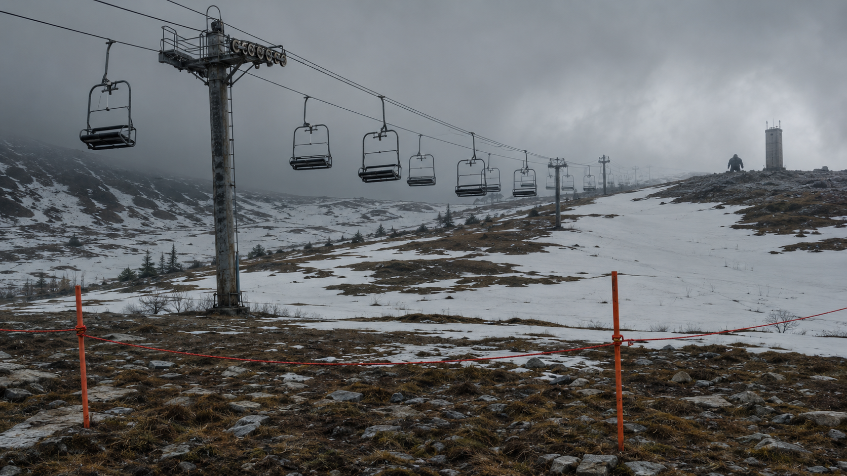 Wide view of an abandoned ski bowl with a closed lift and a barely visible broad dark figure near a distant tower.