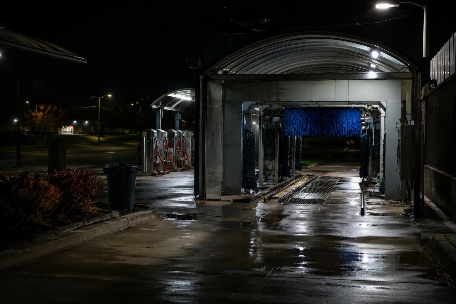 Closed automatic car wash lane at night with empty bay