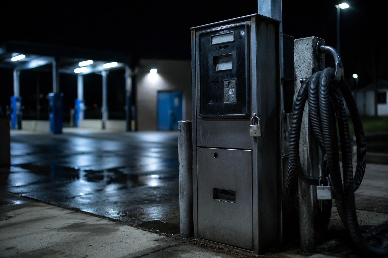 Locked car wash kiosk and vacuum hose after closing