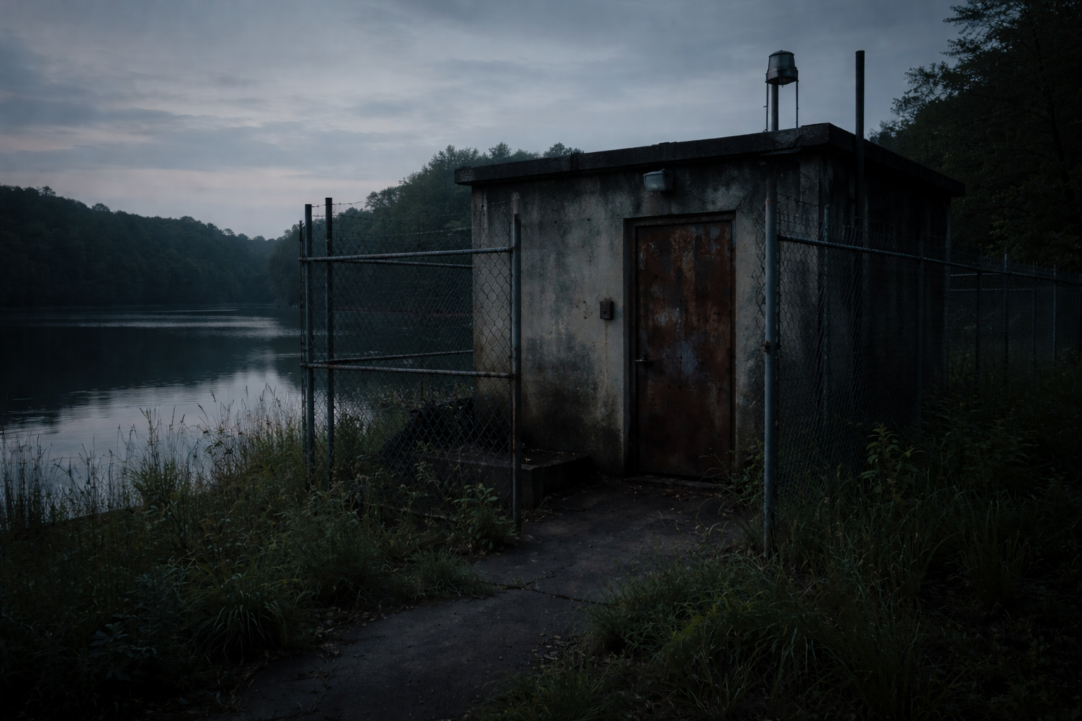 Abandoned municipal pump house near Olsen Reservoir with a rusted locked door at dusk.