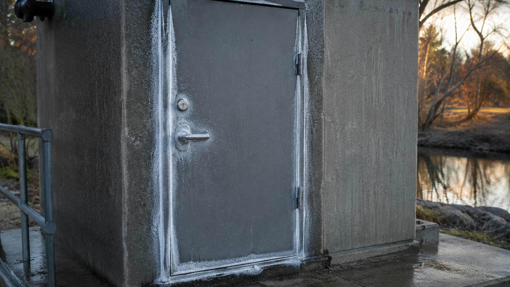 Close-up of blue-white frost outlining the outside of a locked pump house door.