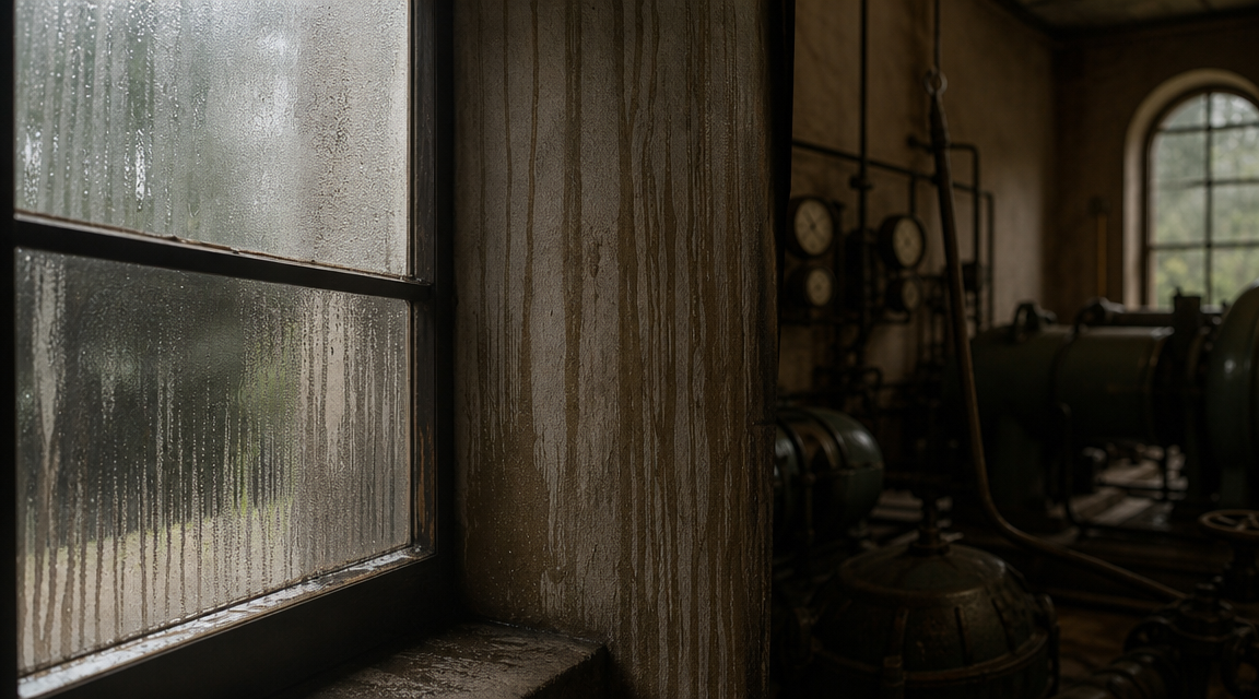 Interior pump house condensation forming straight vertical streaks in warm weather.
