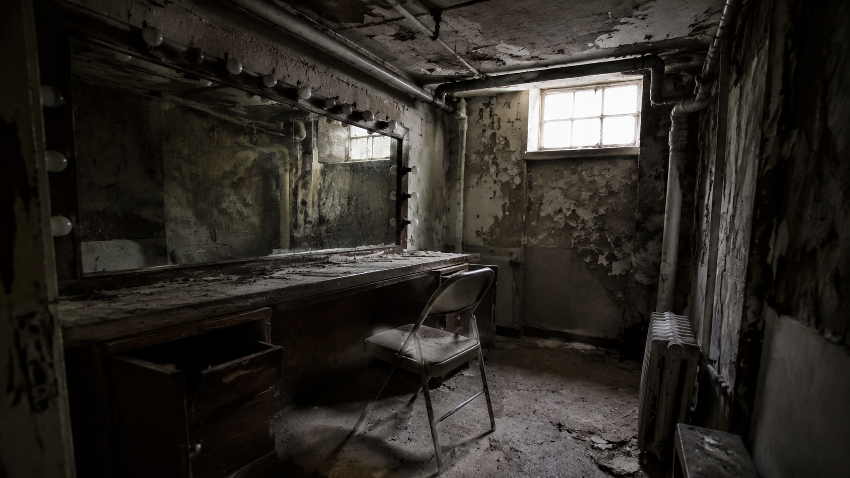 A dusty sub-basement dressing room with a vanity mirror and exposed pipes under an old theater.