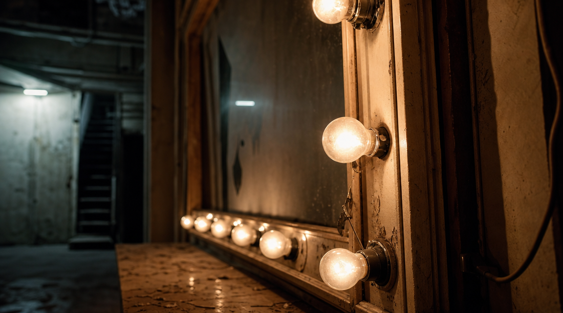Old mirror bulbs glowing faintly in a dark dressing room with peeling paint.