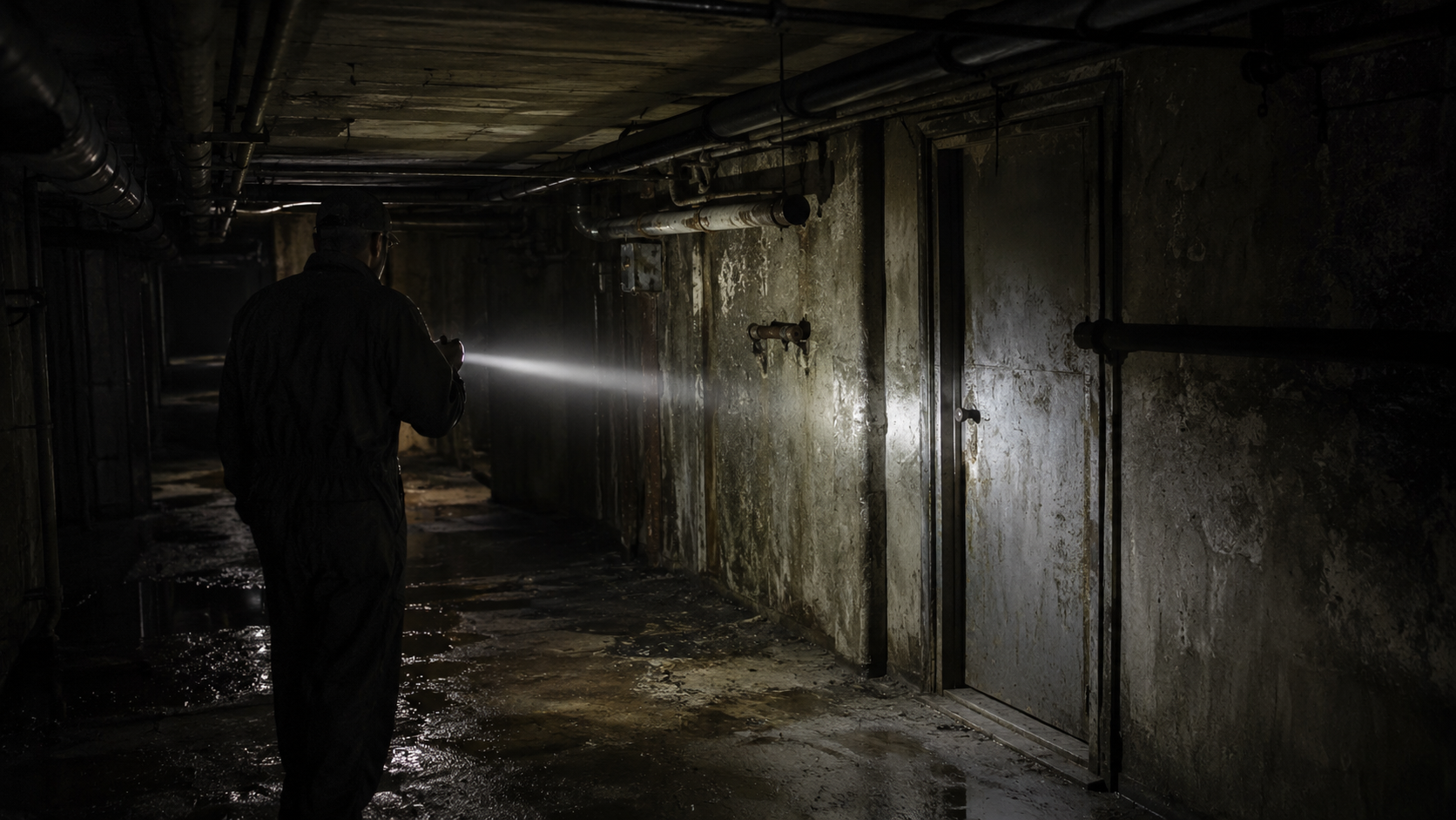 A flashlight illuminates a basement theater corridor leading to a closed dressing room door.