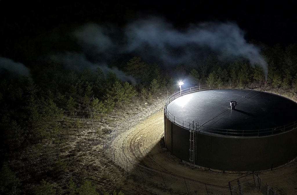 Remote Pine Barrens burn tank at night seen from a fire camera after a controlled burn