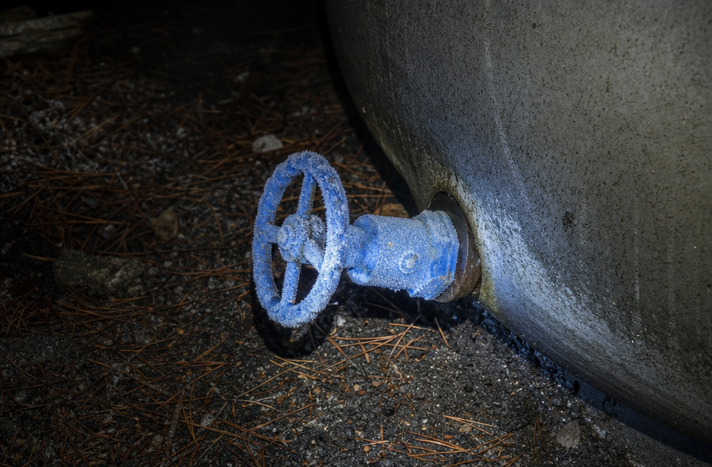 Blue-white frost on one burn tank valve in the Pine Barrens case