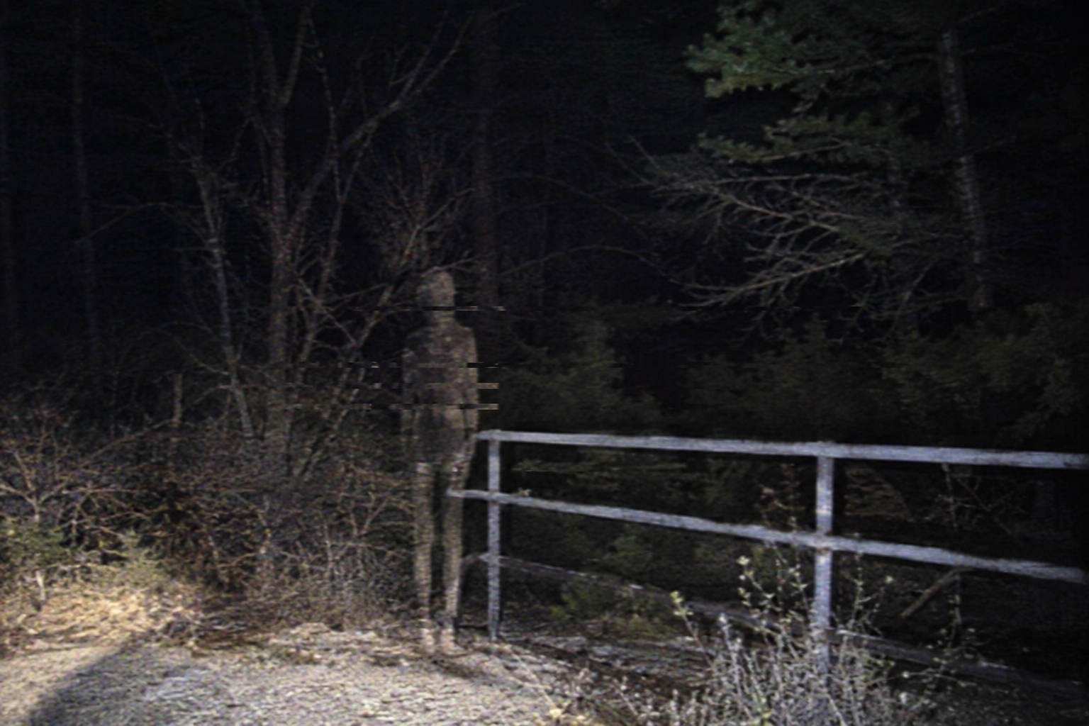 Thin visitor-like figure beside the tank rail in glitched Pine Barrens fire camera footage