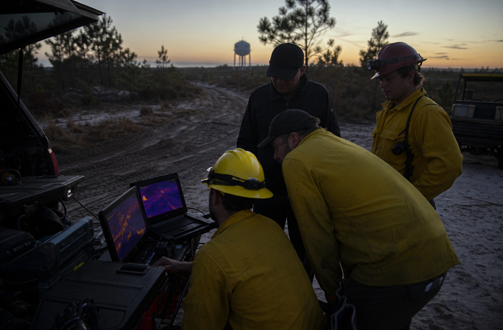 Investigators reviewing Pine Barrens fire camera and thermal records at dawn