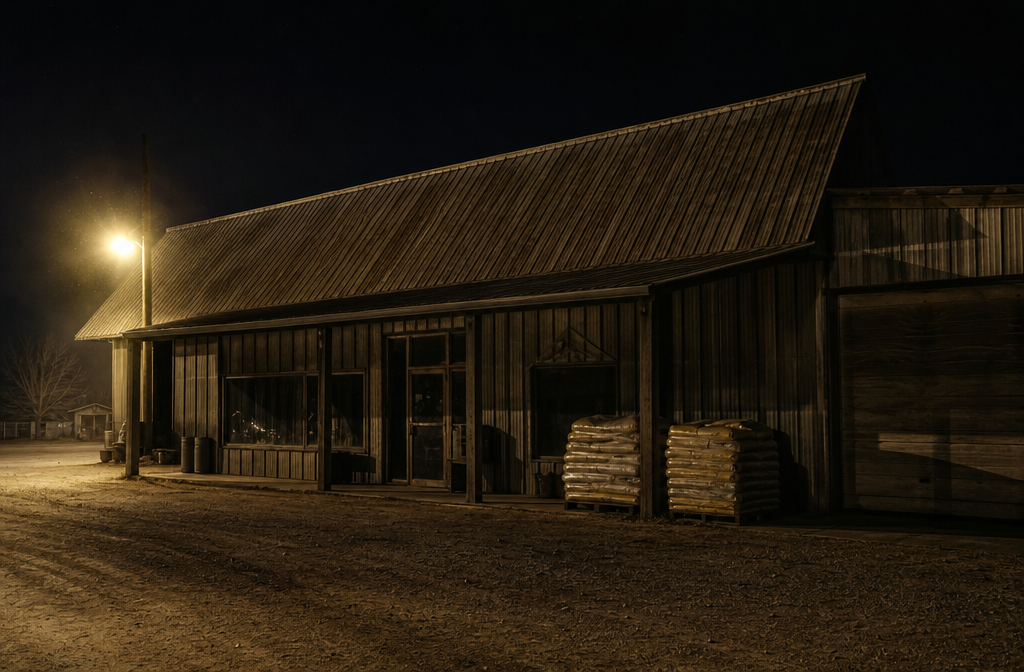 Closed rural feed store at night with feed pallets near the loading door