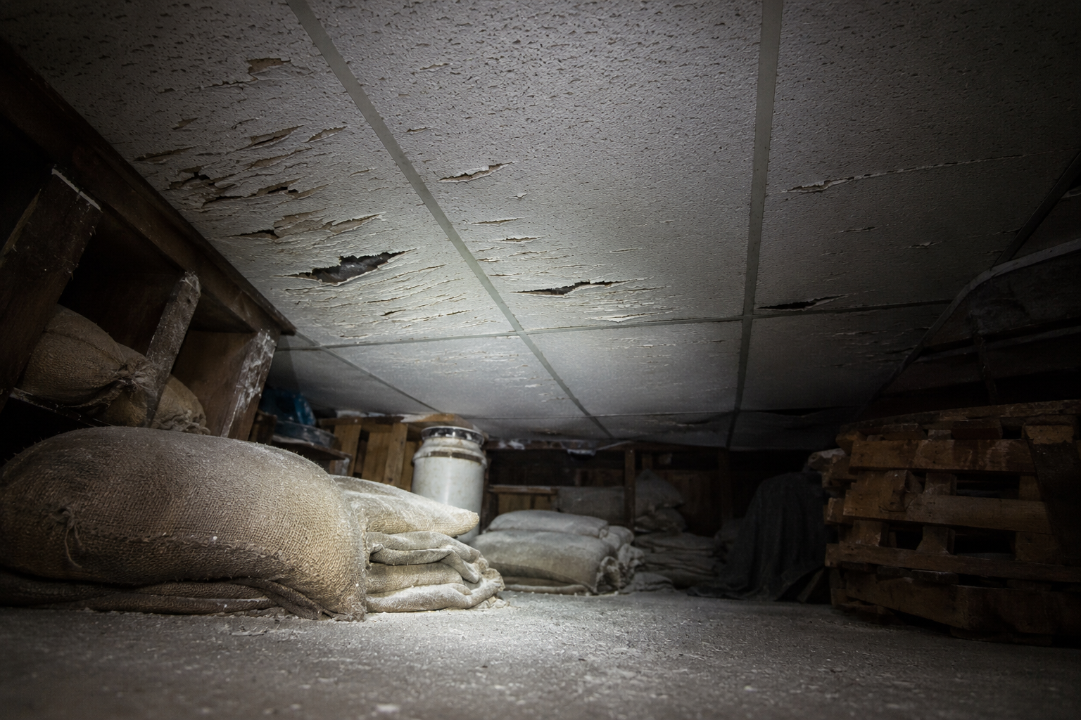 Scratched ceiling panels above flour dust in a closed feed store