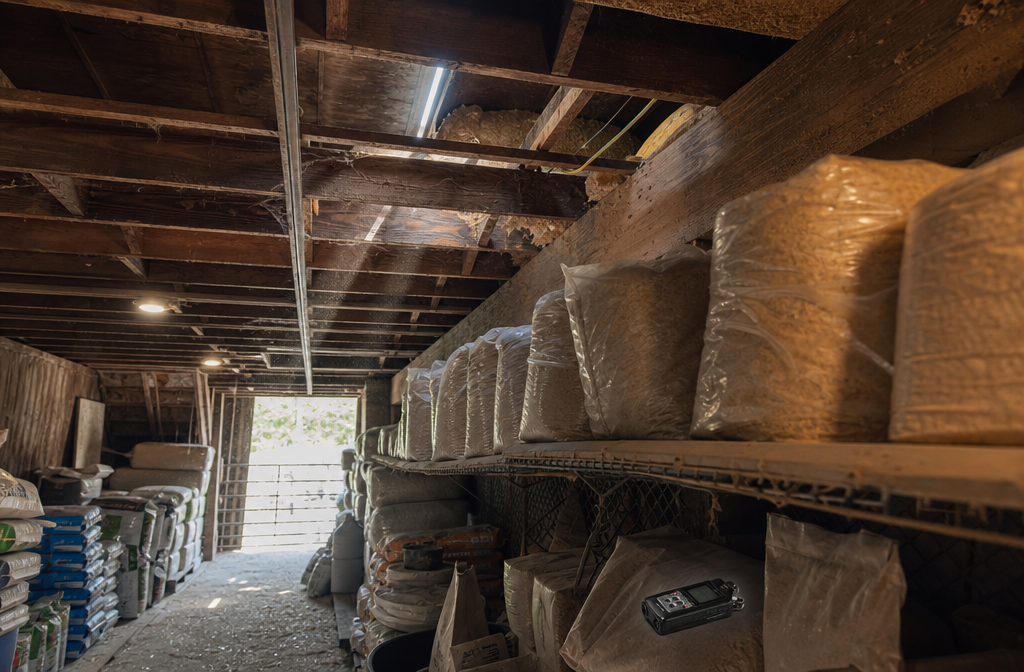 Audio recorder beneath a dark rafter gap inside the feed store