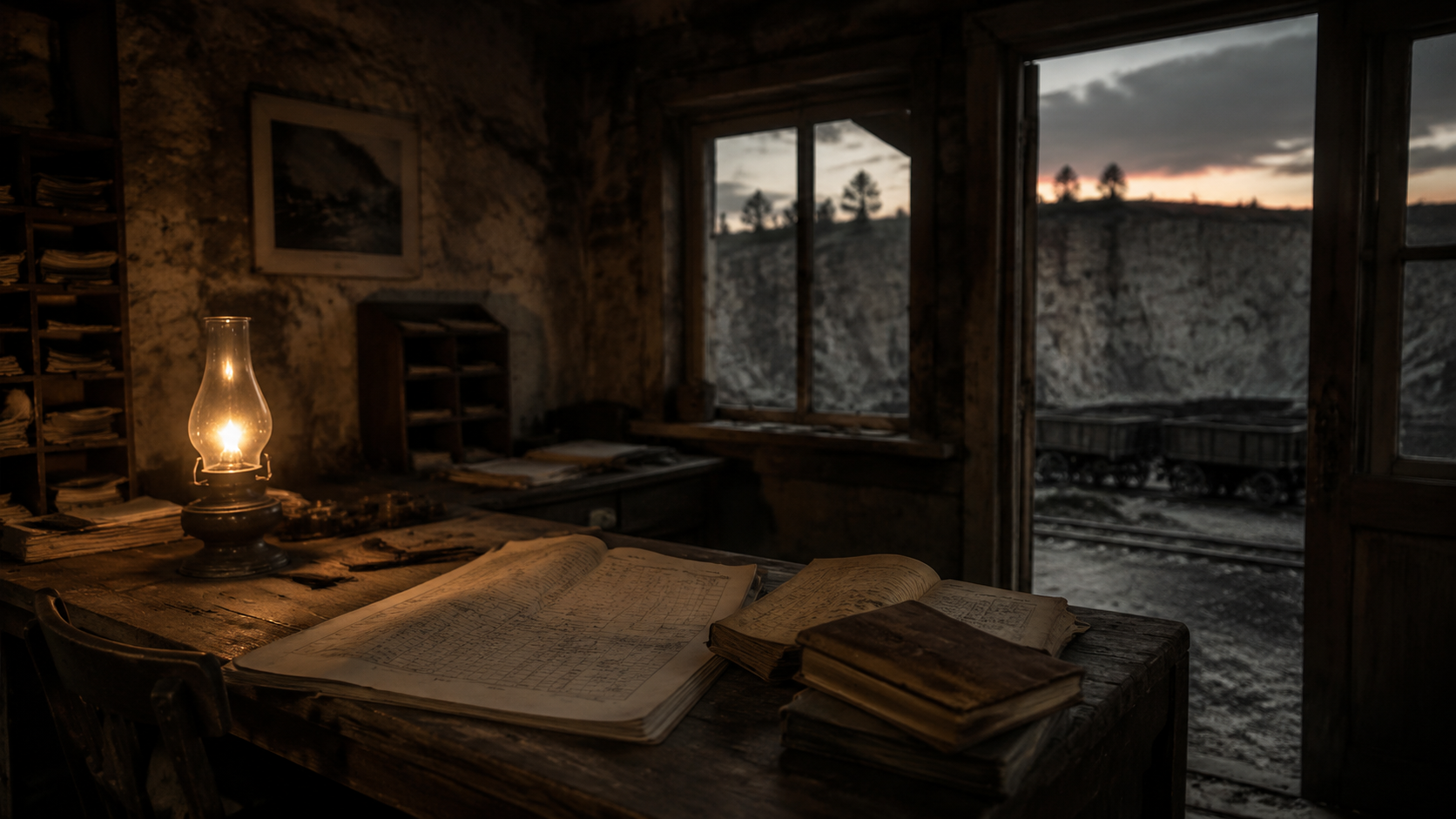 Dusty quarry office desk with an open payroll ledger under warm lamplight.