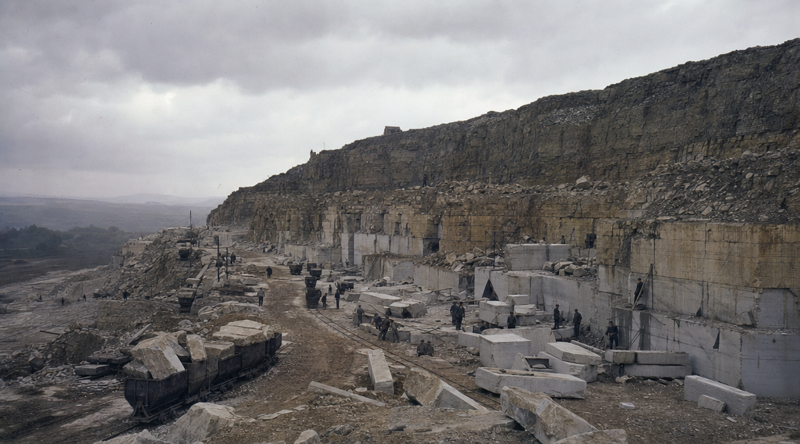 Historic quarry workers stand near limestone blocks and rail carts under an overcast sky.