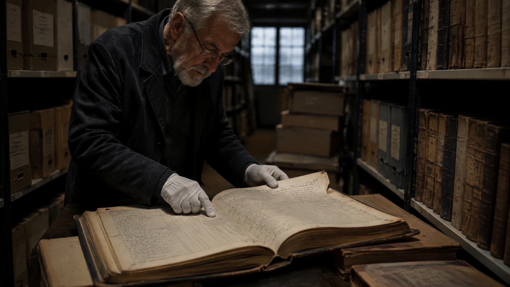 Gloved hands examine old county records in a quiet archive room.