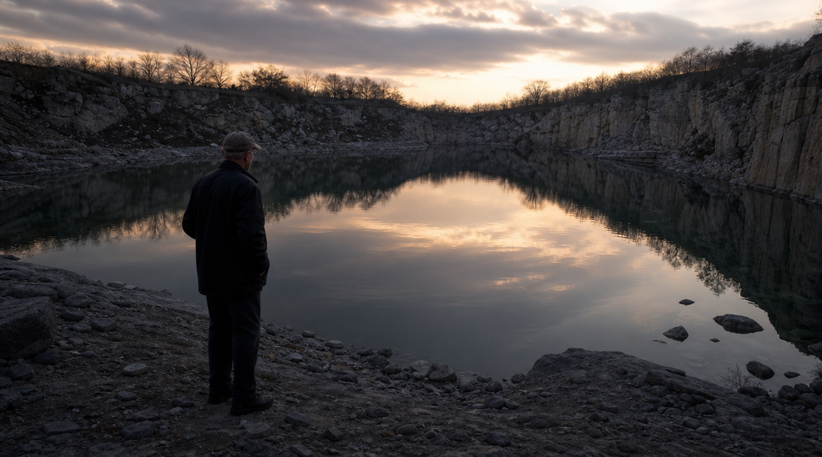 Elderly quarry worker silhouette overlooks a still flooded quarry pit at evening. FACEBOOK ANGLE: A payroll sheet from 1924 names a man who was not born until 1944, and the adult version of that man later worked at the same quarry. FACEBOOK VISUAL MOMENT: The payroll ledger lying open on a quarry office desk, with the impossible name sitting among ordinary wages and initials. FACEBOOK SHORT SUMMARY: A small-town quarry payroll from 1924 lists a worker who records say was born twenty years later. Decades afterward, the same man took a job at the quarry and reportedly refused to talk about the ledger.