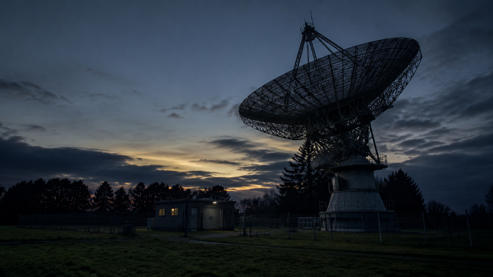A small university radio telescope dish stands beside a modest control shed at dusk.