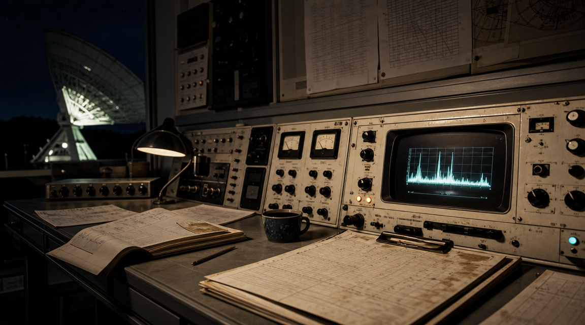 An old radio astronomy control console with logs and a glowing spectrum monitor.