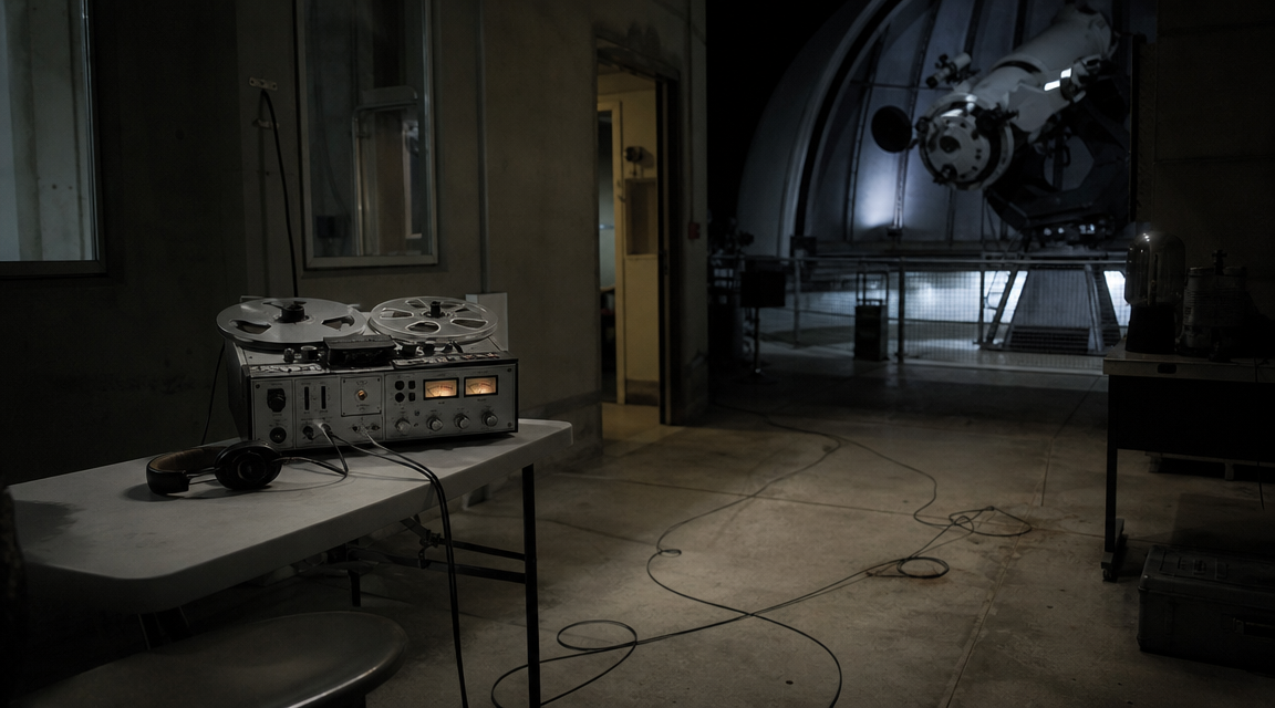 An analog reel-to-reel tape recorder sits on a table inside an observatory annex.