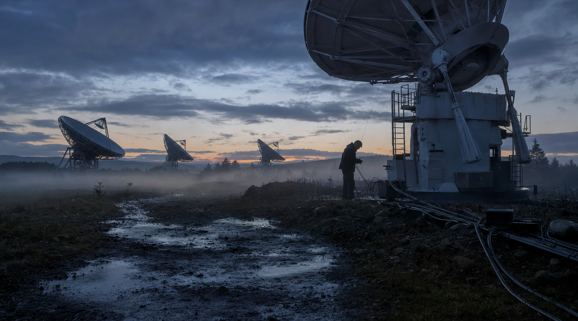A technician checks cables near a radio telescope in a quiet early morning field. FACEBOOK ANGLE: A routine student calibration found an hour of silence that should not have existed, and the backup recorder caught something even stranger. FACEBOOK VISUAL MOMENT: The glowing spectrum monitor drops into a flat black band while a reel-to-reel tape recorder turns quietly in the next room. FACEBOOK SHORT SUMMARY: A campus radio telescope repeatedly logged an impossible silent hour during calibration tests. Nearby analog tape captured faint counting-like interference outside the receiver’s normal band, leaving cautious investigators with a problem that never fit simple static.