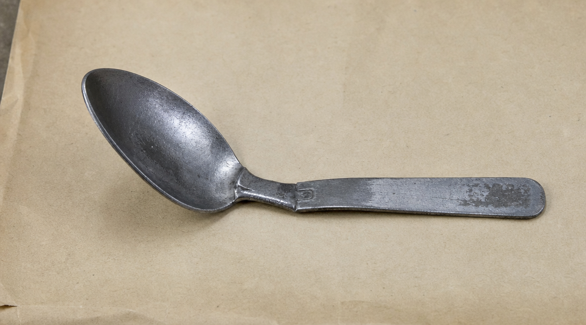 A scratched bent stainless spoon laid on a plain sheet like a catalogued object.